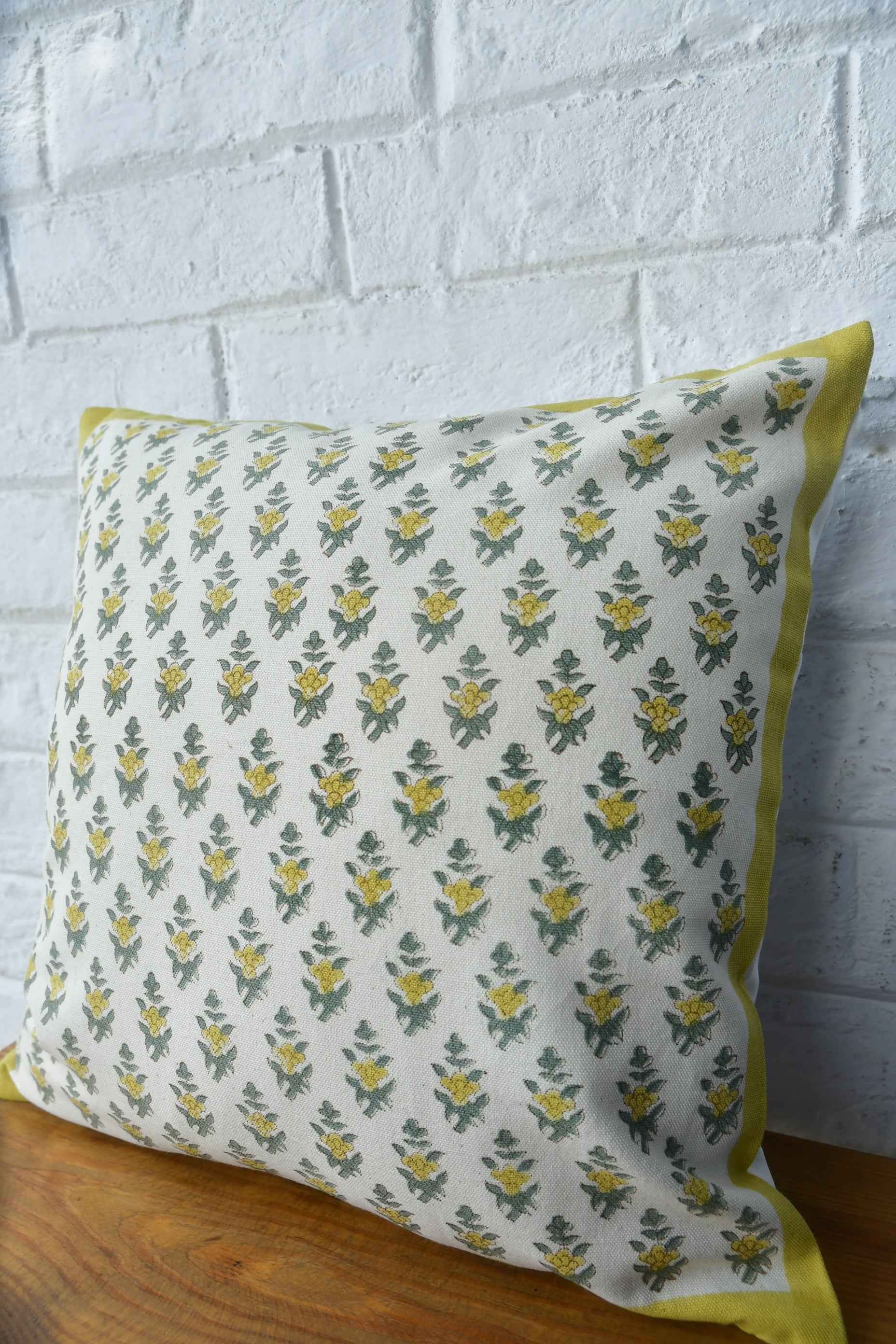 Lemon Green Buti Cushion Cover: Hand Block Printed Luxury India