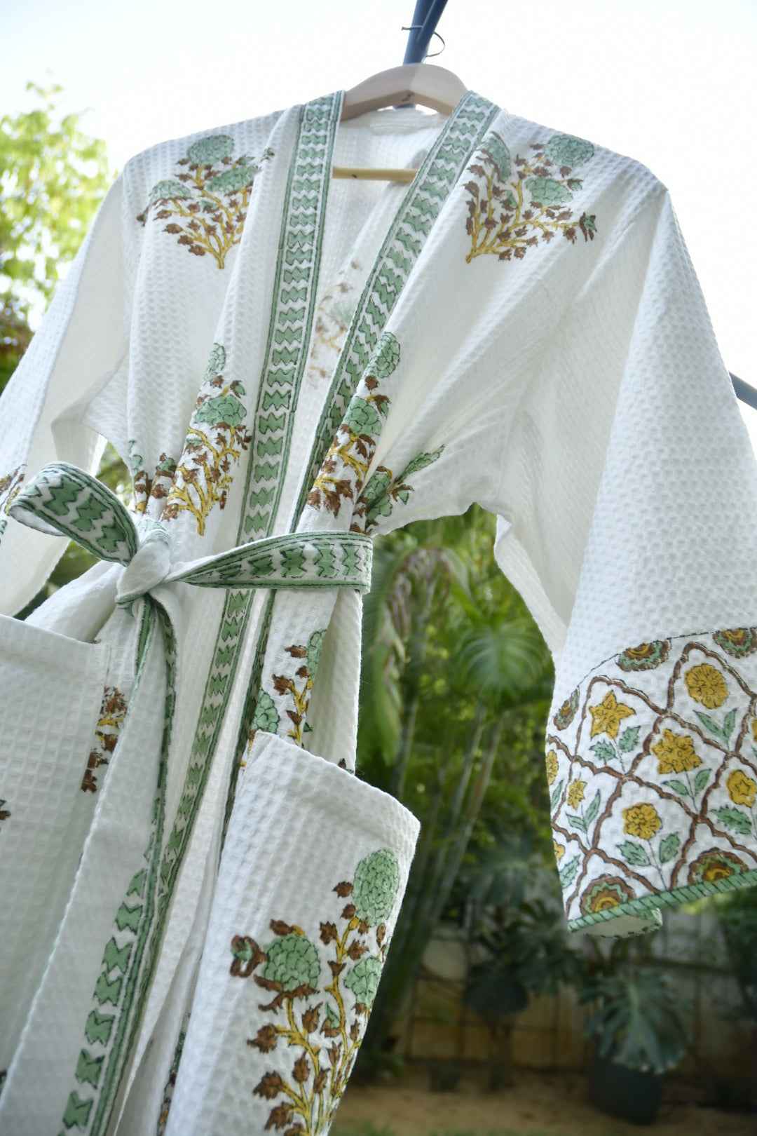 Soft Green Jaal Buta Handblock  waffle Cotton Bathrobe