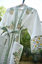 Soft Green Jaal Buta Handblock  waffle Cotton Bathrobe