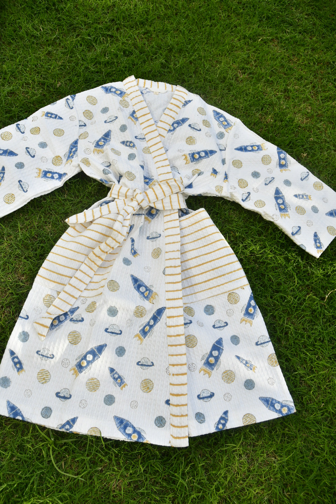 Kids Premium Waffle Cotton Bathrobe Rocket Pattern