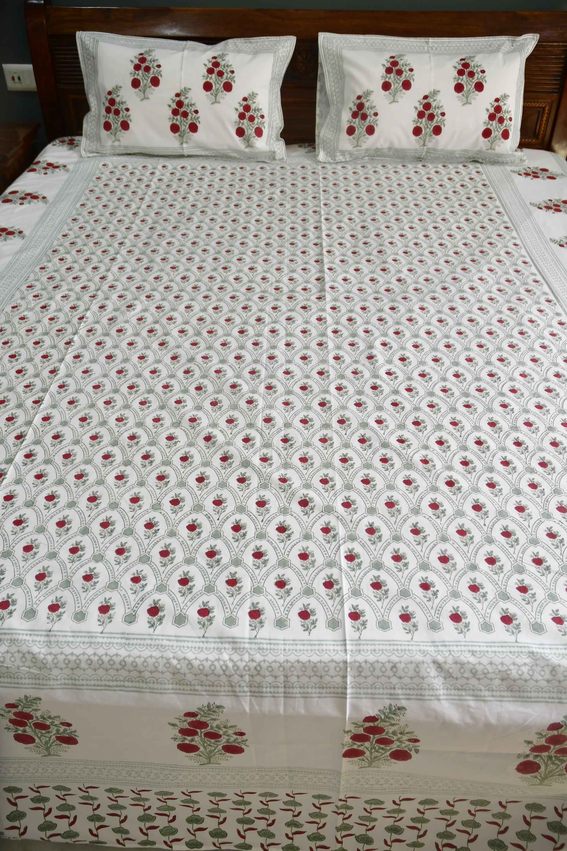 Red Flower Jaal Buta Premium Hand Block Bedsheet