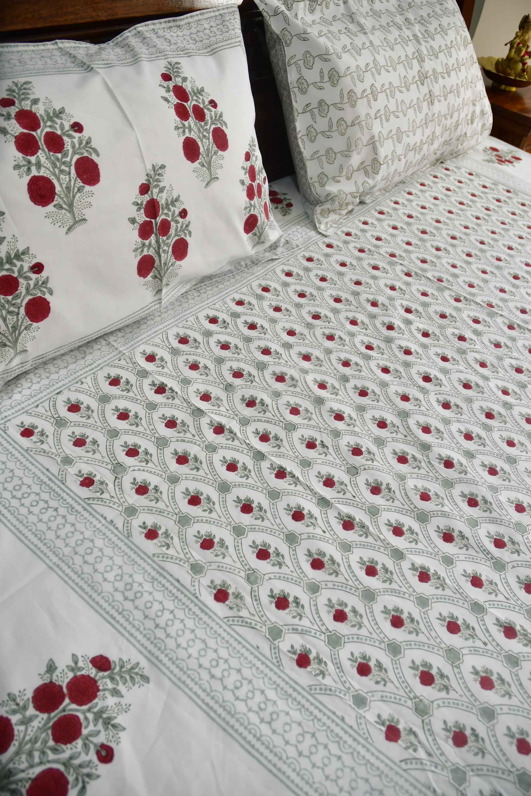 Red Flower Jaal Buta Premium Hand Block Bedsheet
