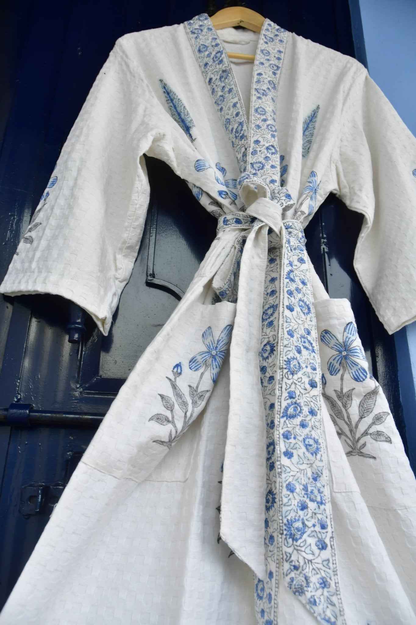 Blue Floral and Cypress Waffle Cotton Bathrobe