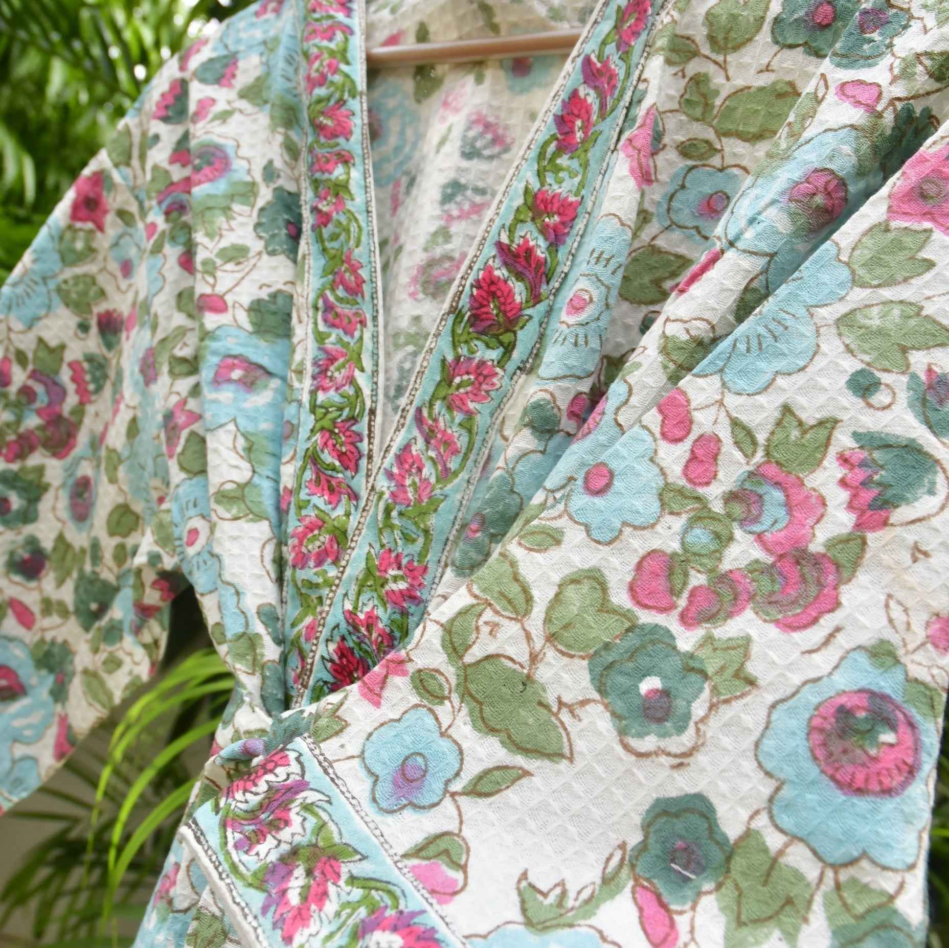 Floral Joy HandBlock Waffle cotton Bathrobe