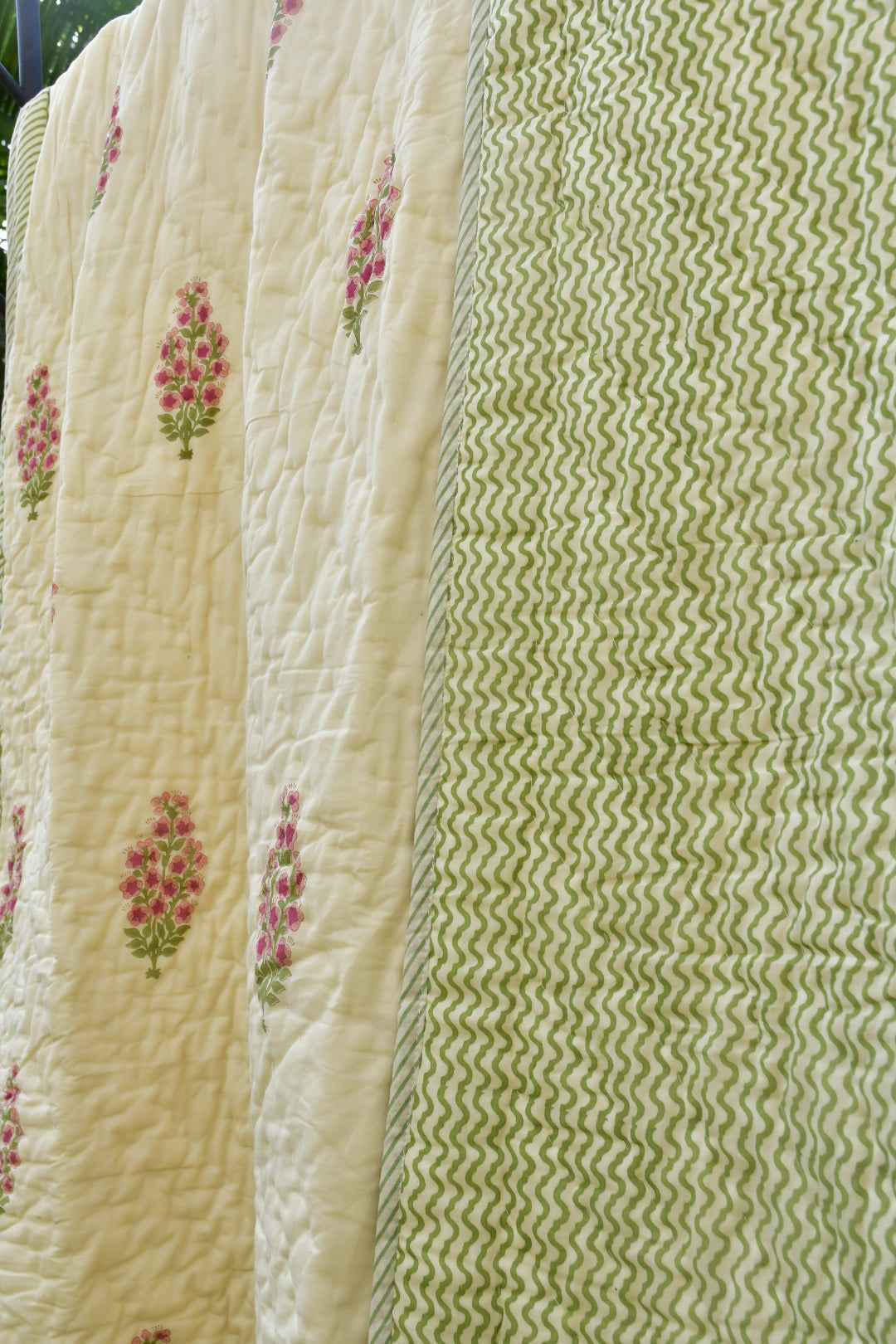 Butter Cream and Pink Buta Handblock Cotton Quilt