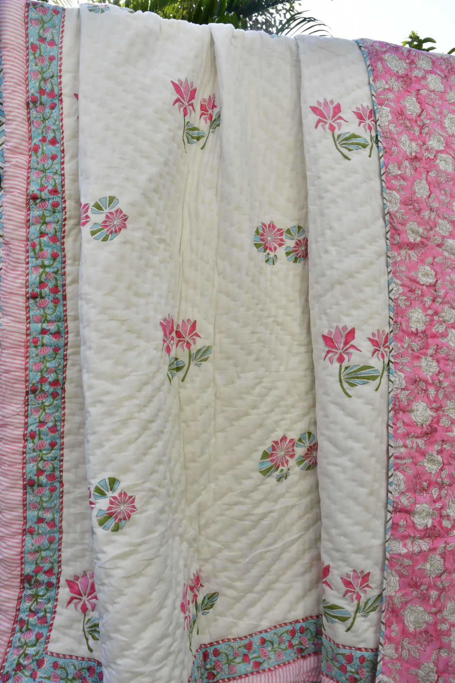 Pink Lotus Handblock Reversible Quilt : Warmth & Style