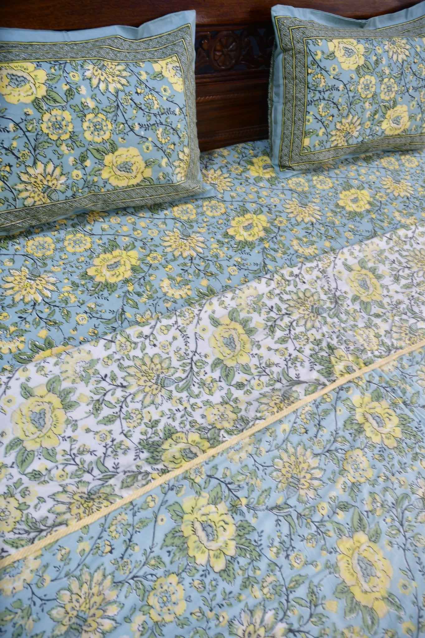 Blue n yellow floral Mul Mul Reversible Dohar