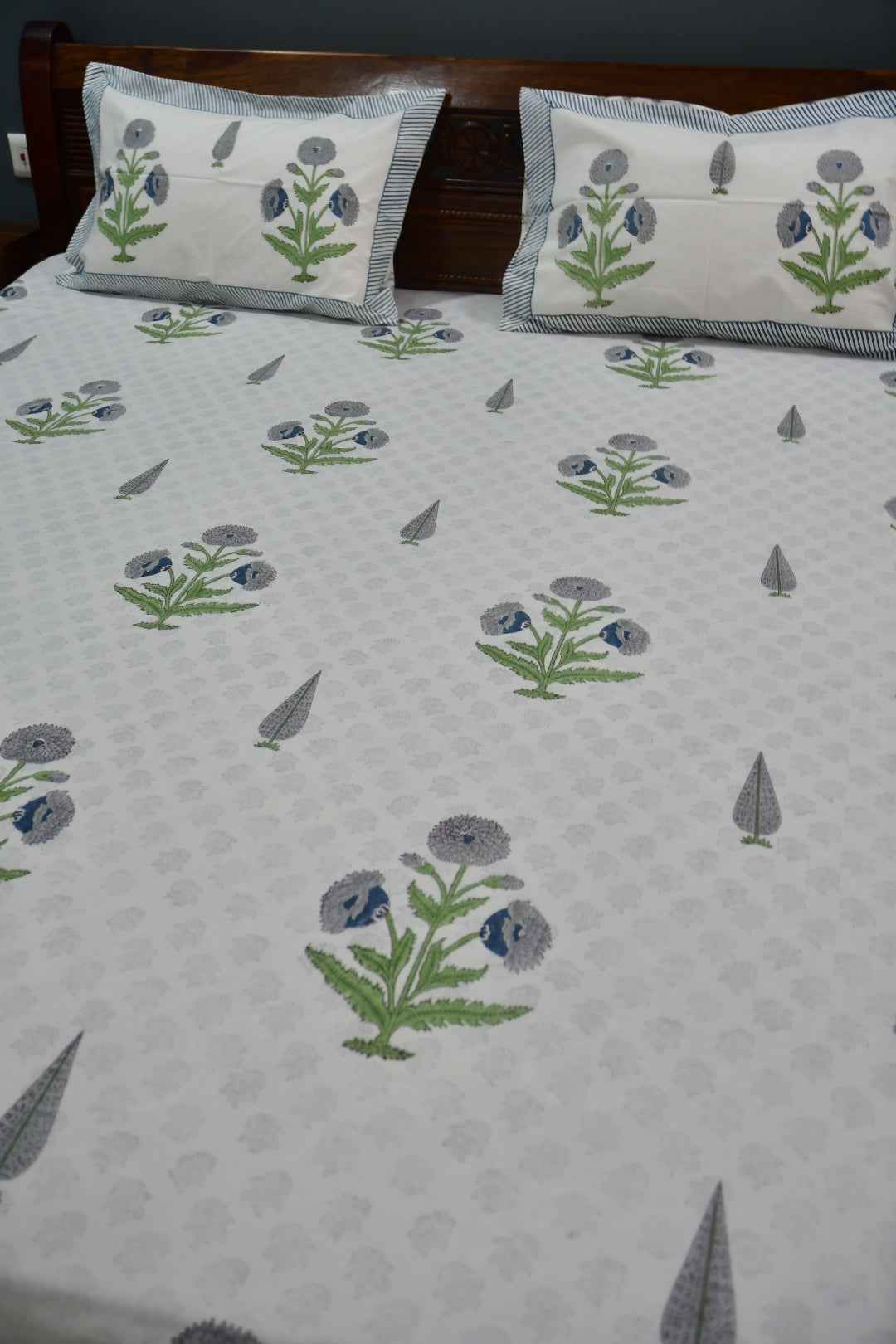 Blue Grey PoppyHandblock Cotton Handblock Bedsheet