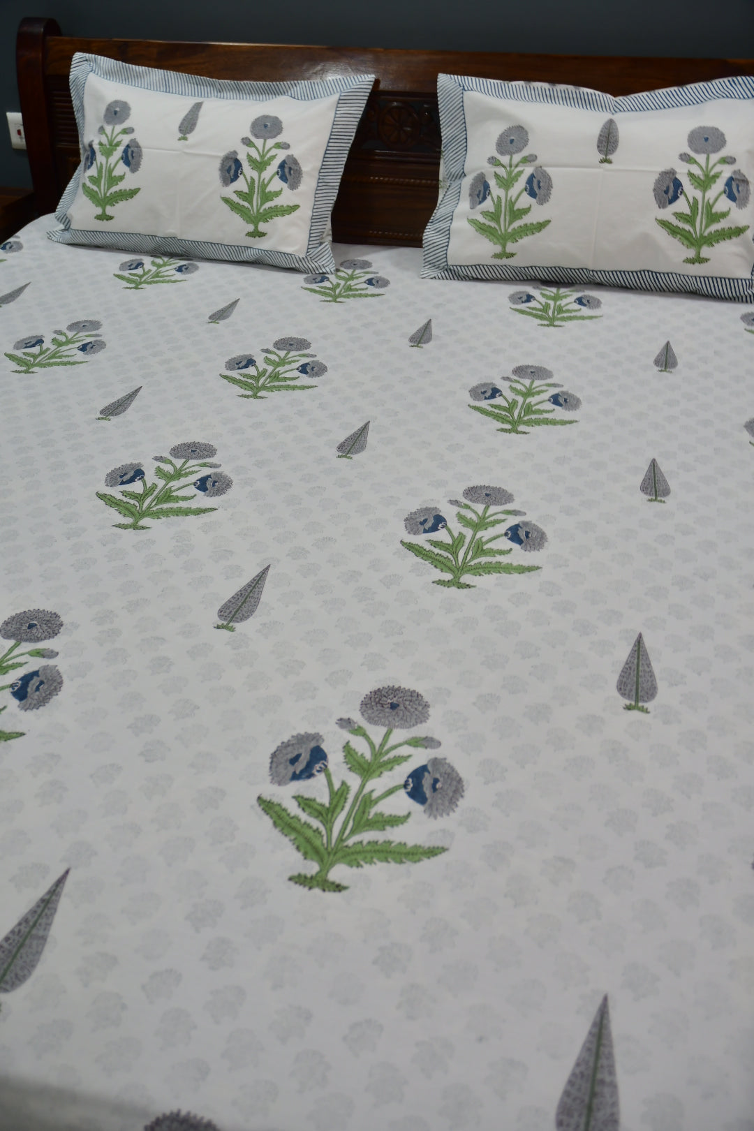 Blue grey poppy Handblock Bedsheet 