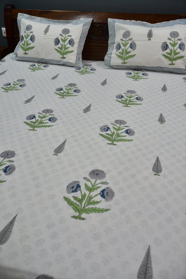 Blue grey poppy Handblock Bedsheet 