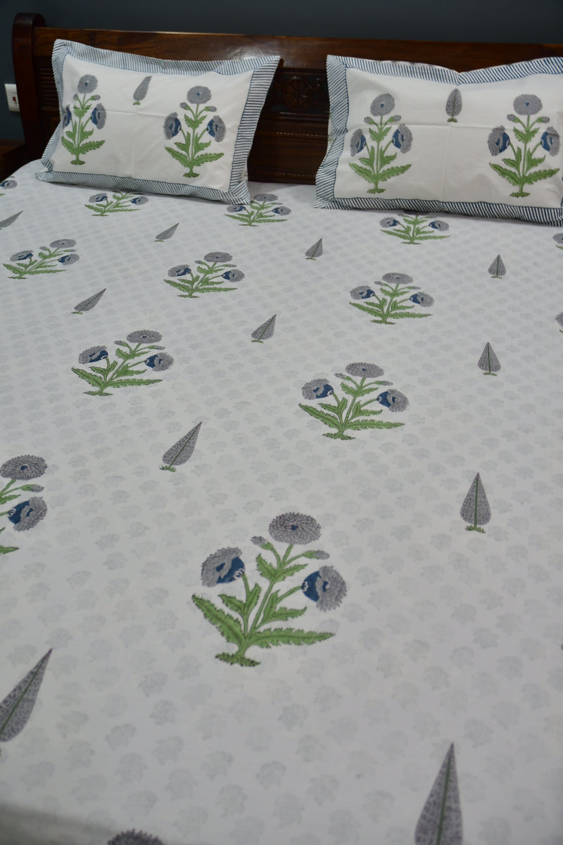 Blue grey poppy Handblock Bedsheet 