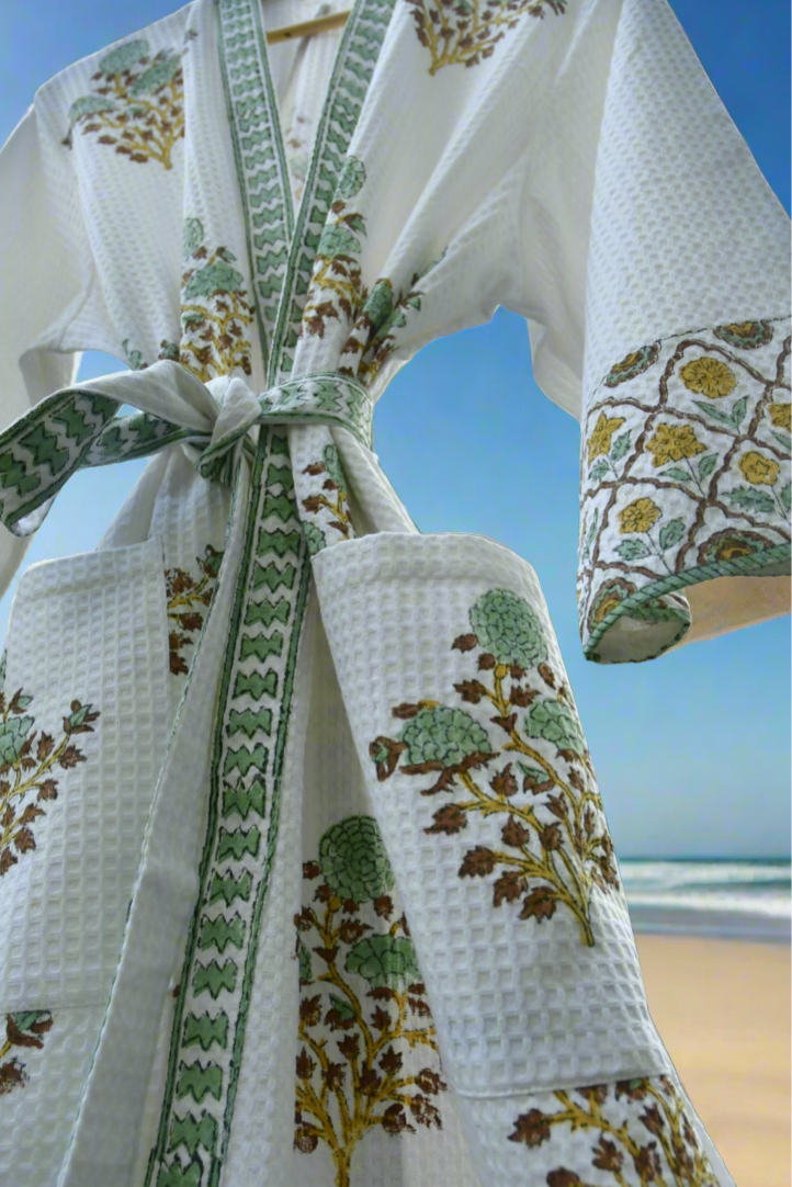 Soft Green Jaal Buta Handblock  waffle Cotton Bathrobe