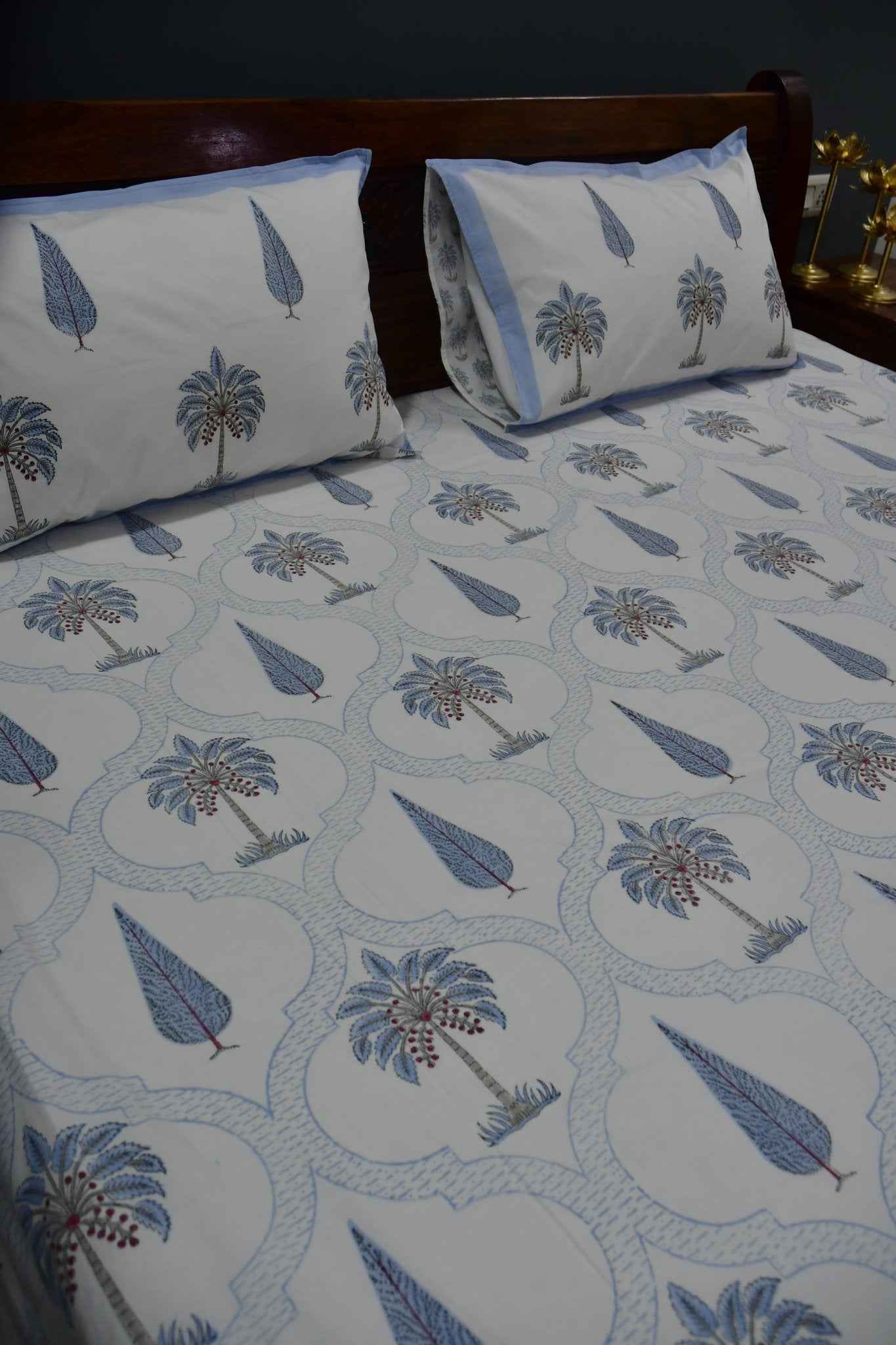 Blue Palm Hand Block Cotton Bedsheet