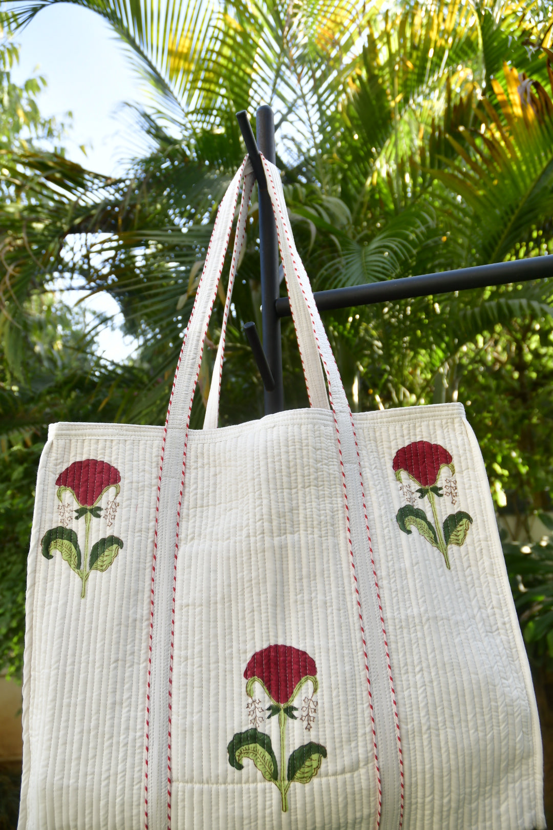Red and white tote bag