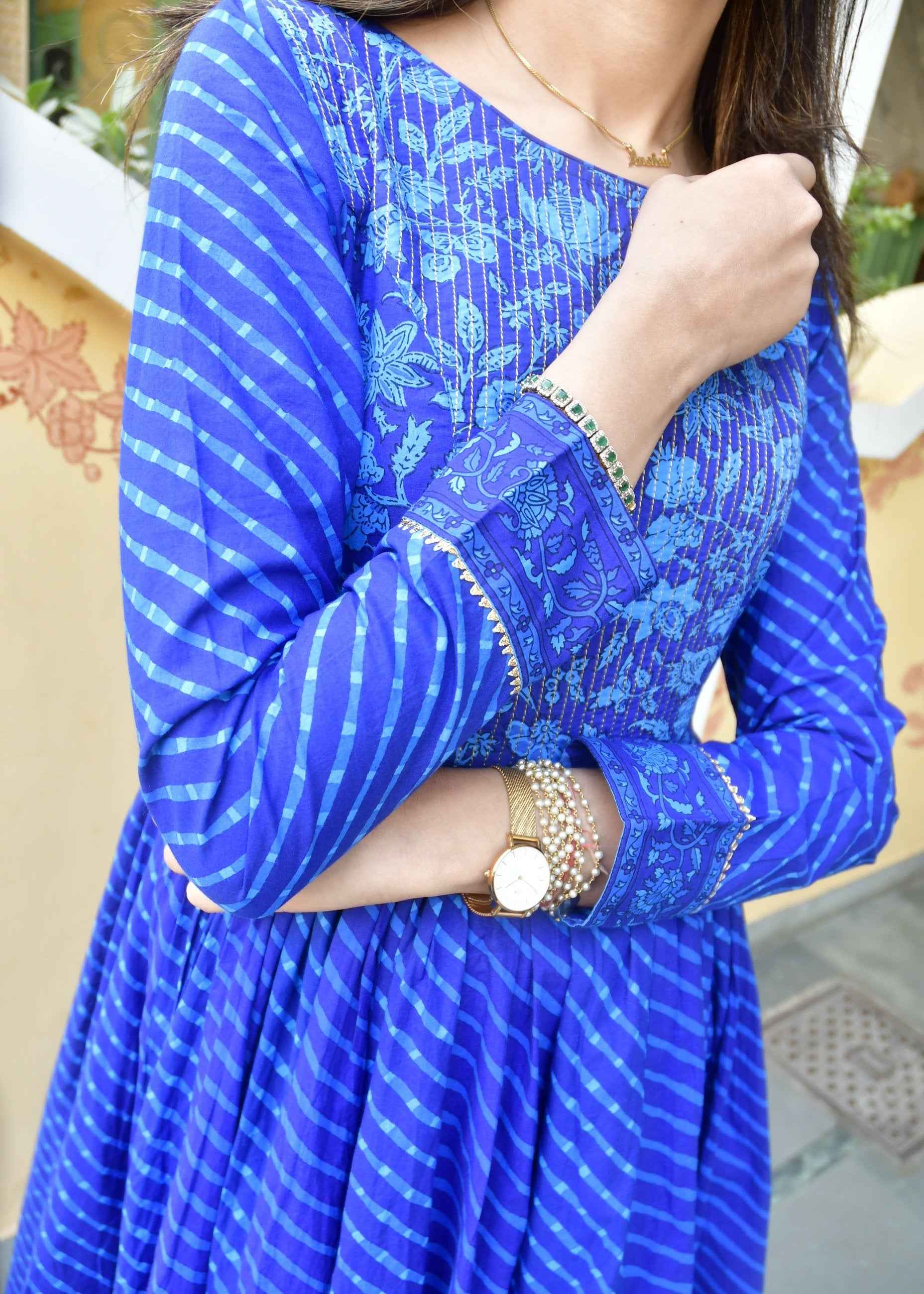 Royal Blue Lehariya Anarkali Handblock : Traditional