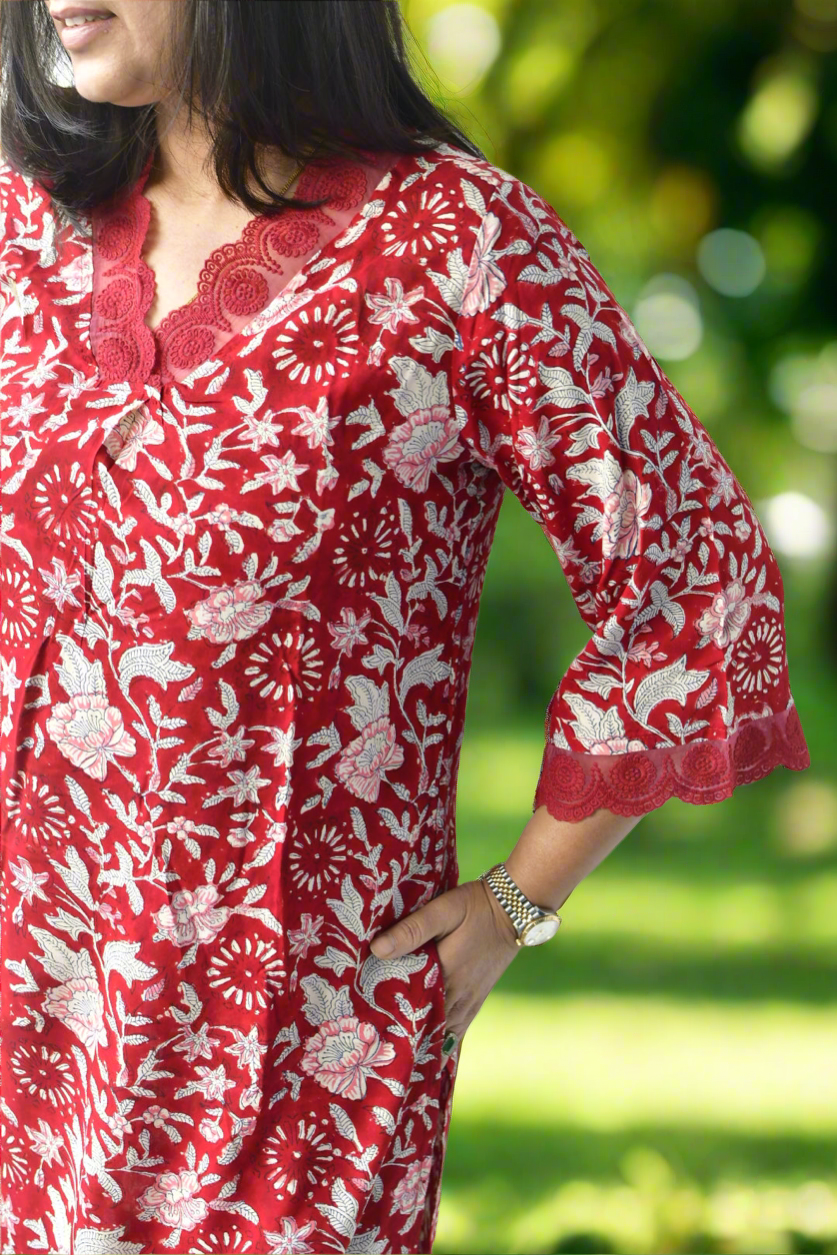Red Bagiya Hand Block Handblock Cotton Kurta set