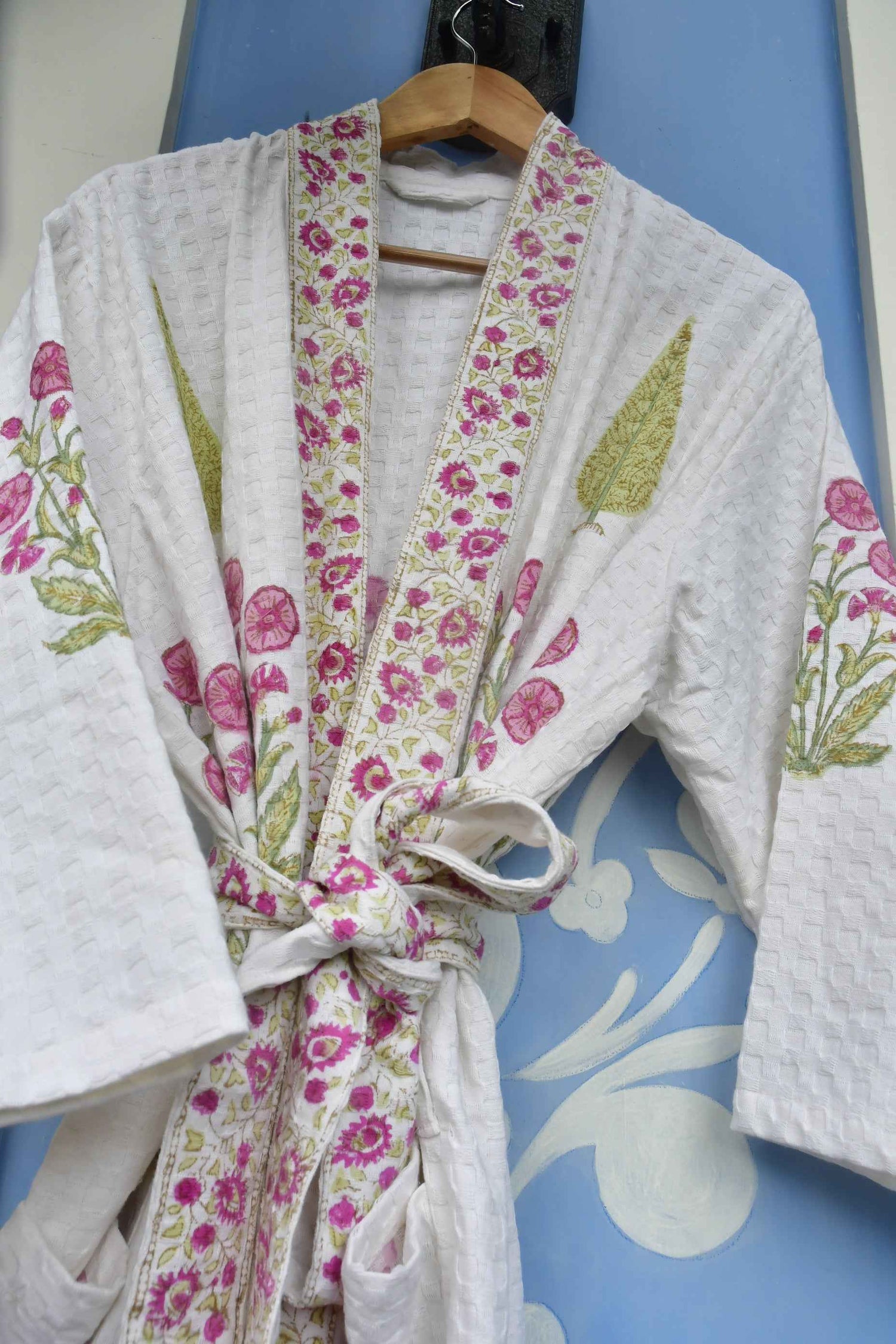 Pink floral and Green Cypress Leaf Bathrobe