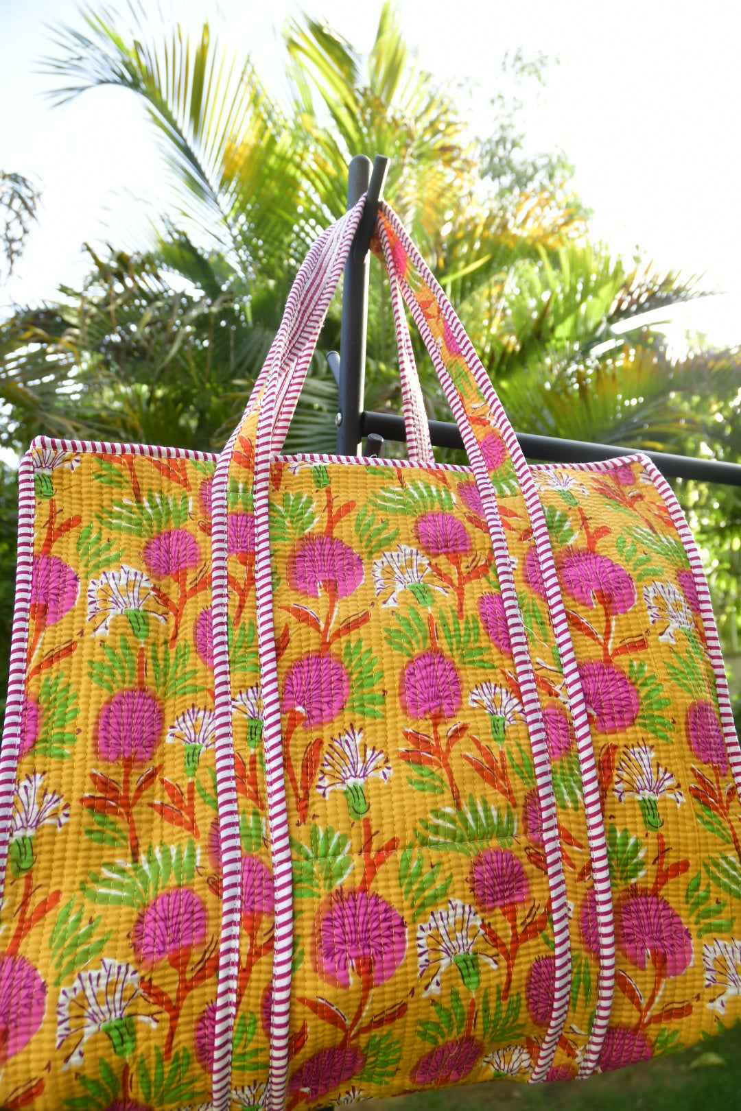 Yellow Blossoms Zipper Tote Bag: Hand-Blocked Beauty