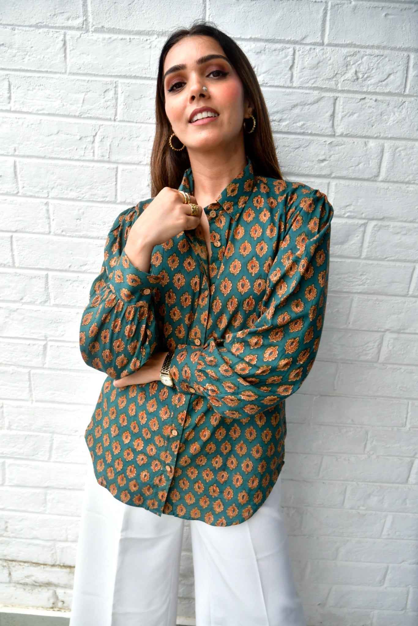 Beetle Green Classic Buta Cotton Shirt