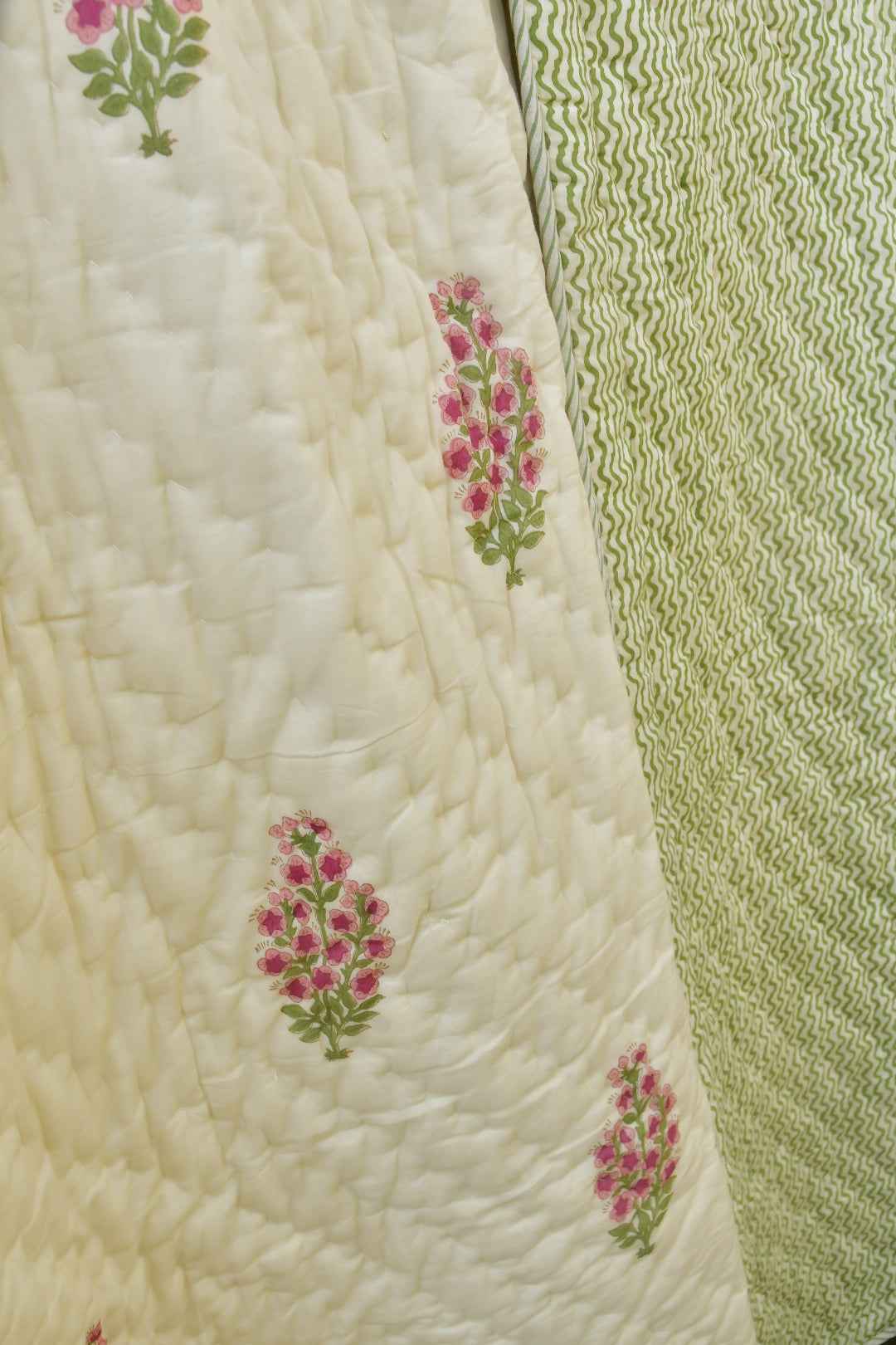 Butter Cream and Pink Buta Handblock Cotton Quilt