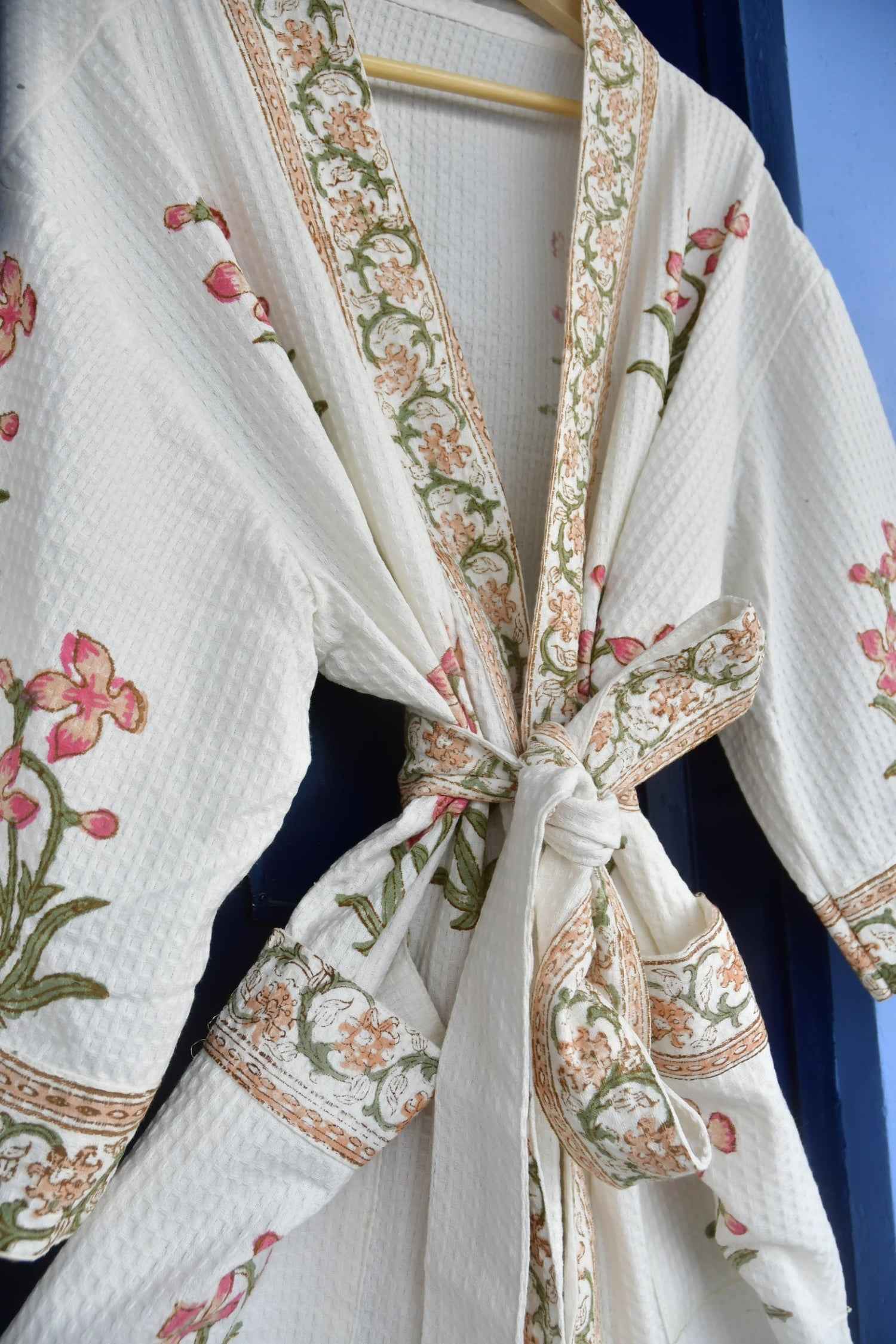 Peachy Pink Floral  Waffle Cotton  HandBlock  Bathrobe