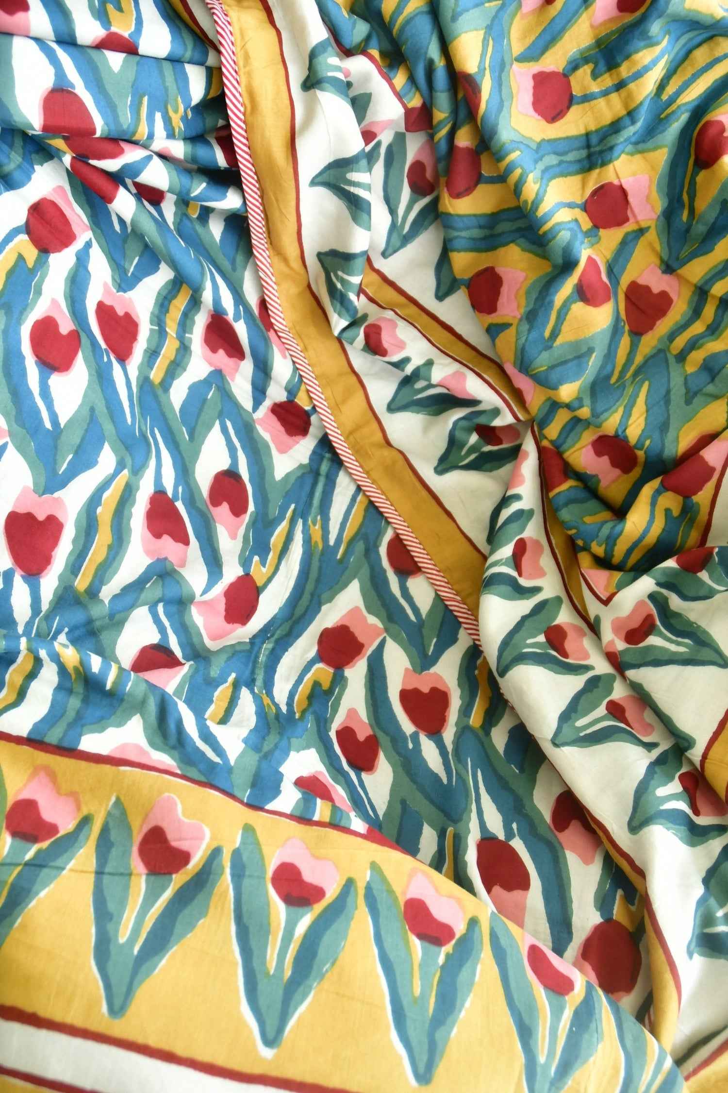 Tulip Love Mustard Yellow and Pink Premium HandBlock Dohar