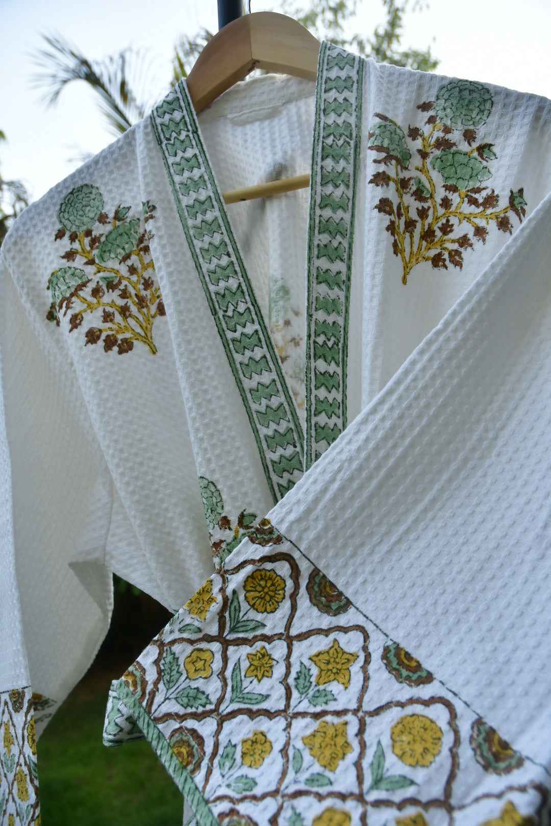 Soft Green Jaal Buta Handblock  waffle Cotton Bathrobe