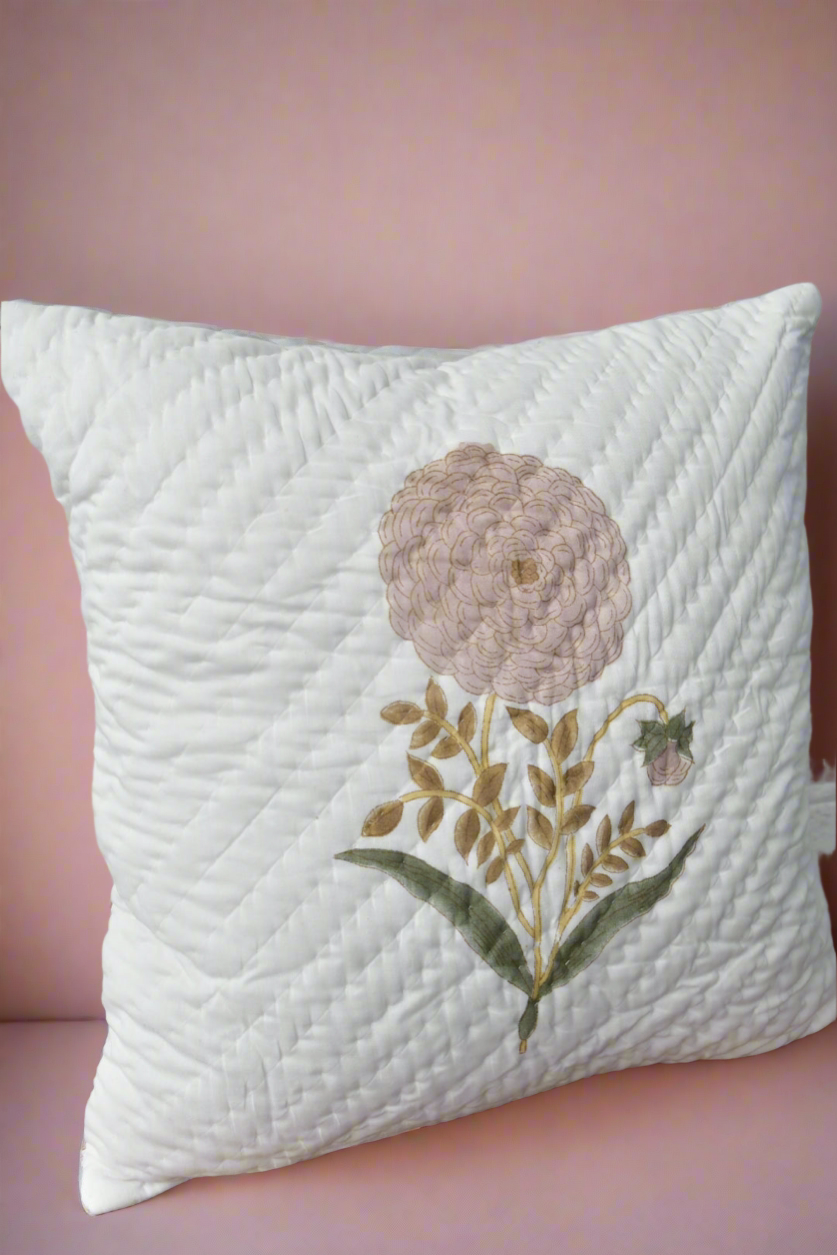 Pink phool hand quilted cushion cover
