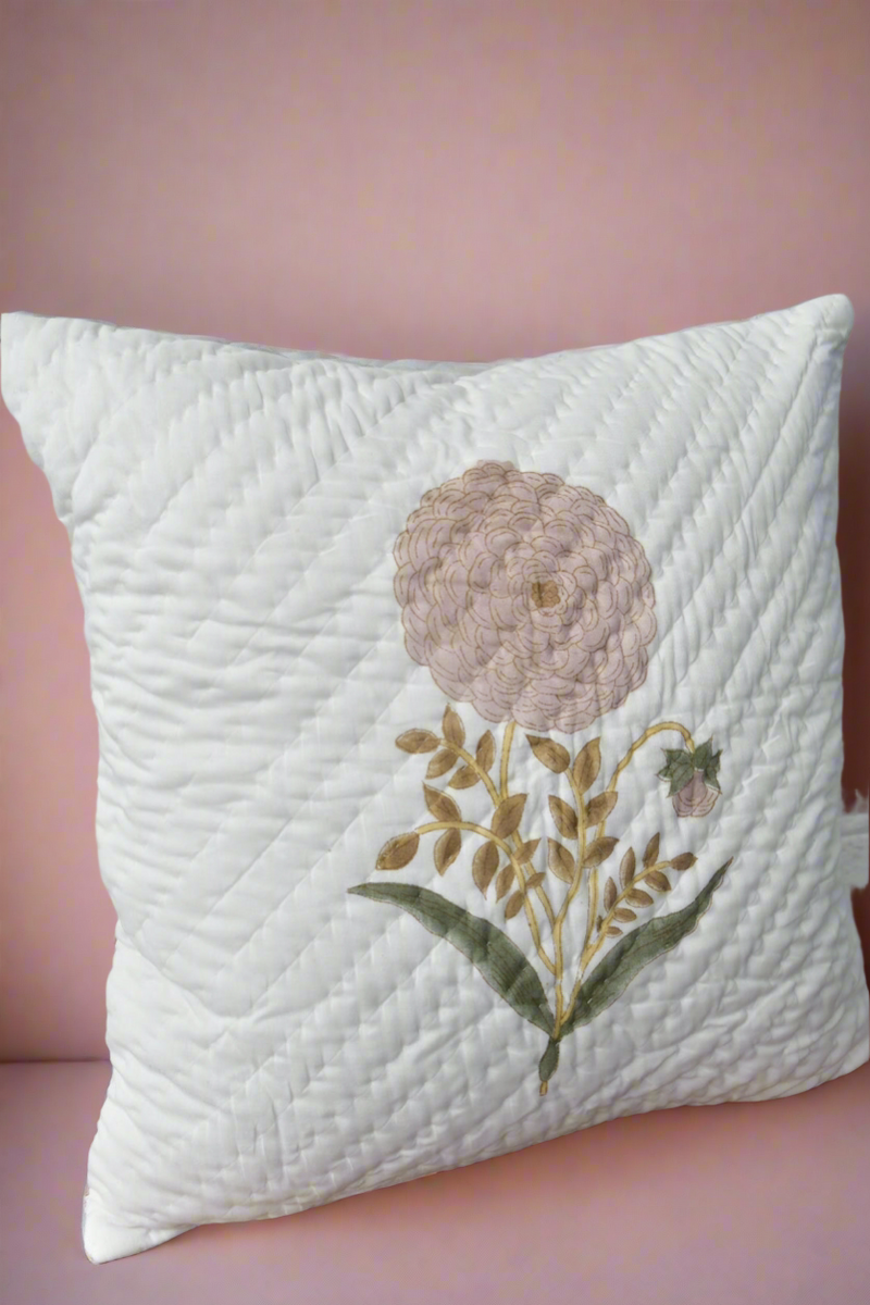 Pink phool hand quilted cushion cover