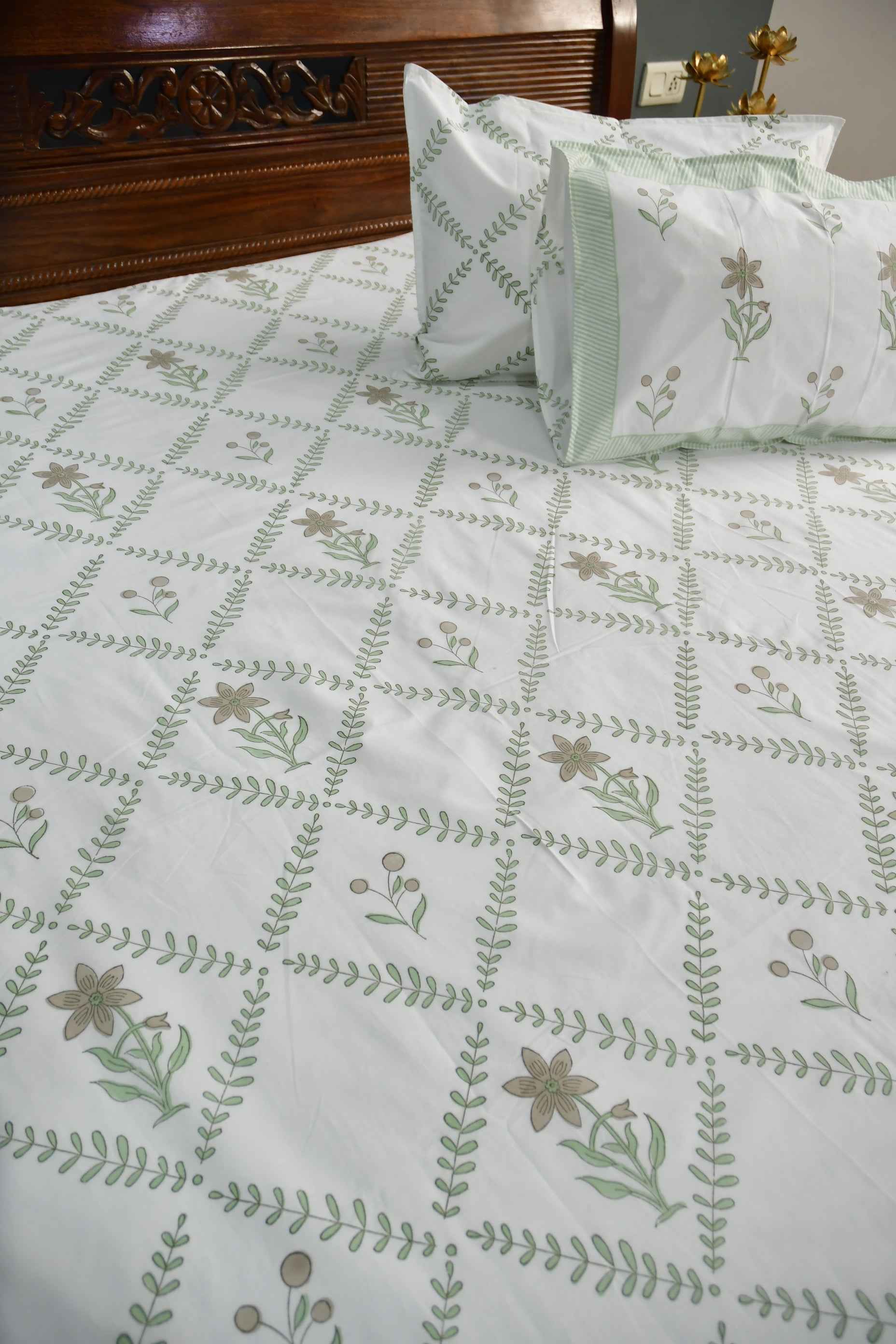 Green Jaal Hand Block Cotton Jaipuri Bedsheet