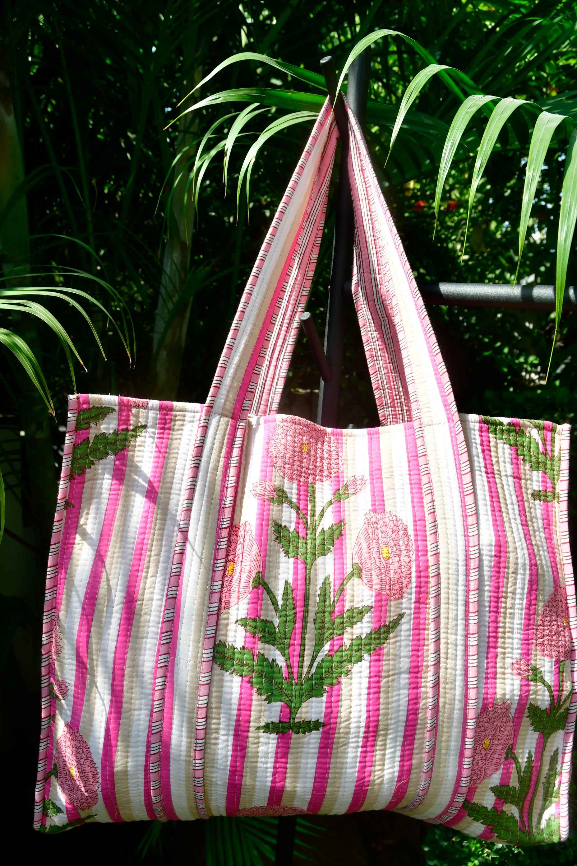 Pink Poppy Tote: Hand-Blocked Statement for Everyday Style