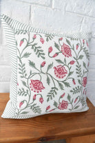 Pink & Green Floral Jaal Handblock Cushion Cover