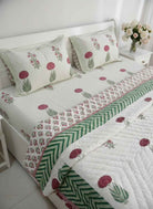 Cotton Quilt Hand Block Bedding Set – Serene Green & Pink