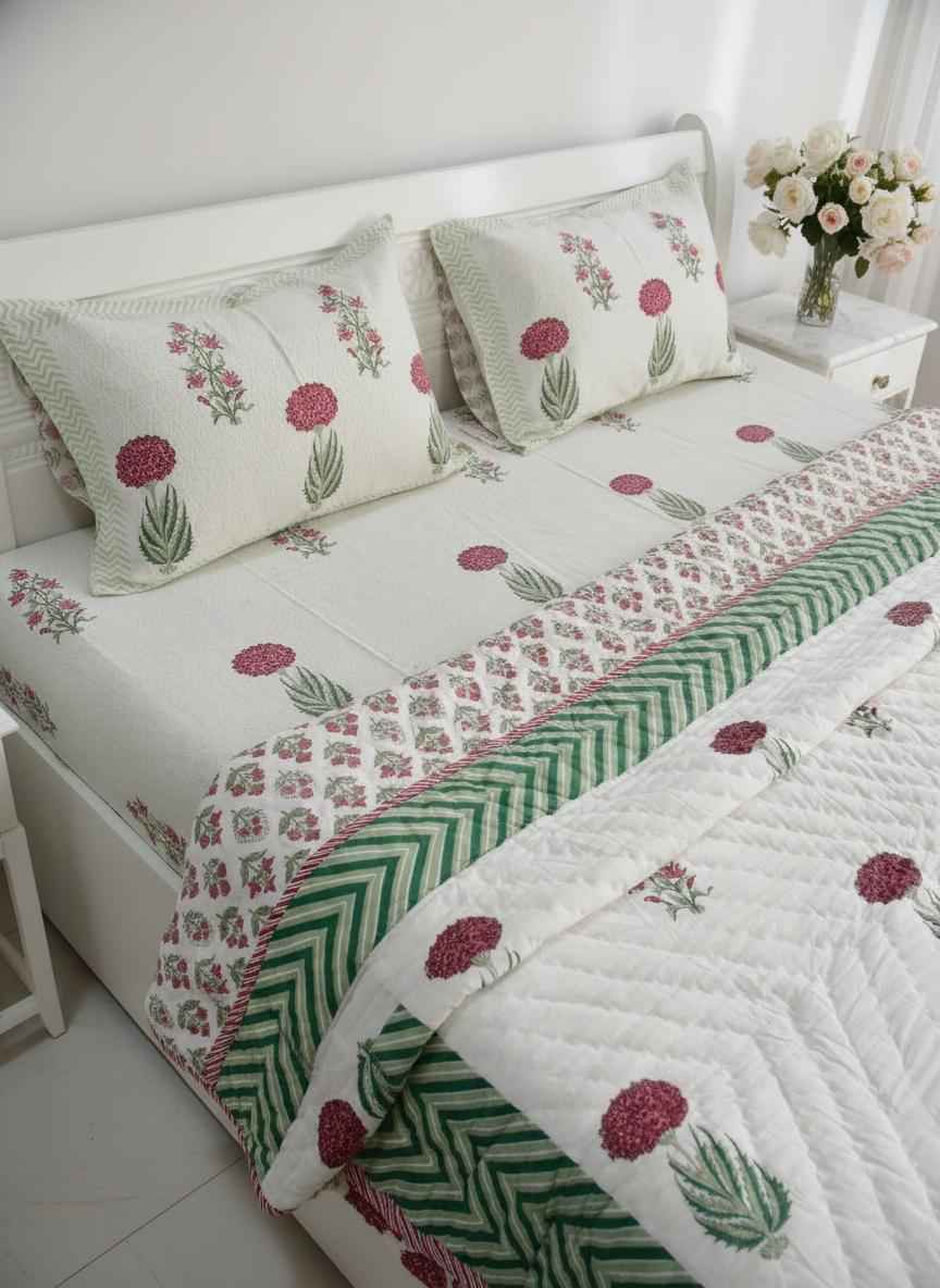 Cotton Quilt Hand Block Bedding Set – Serene Green & Pink