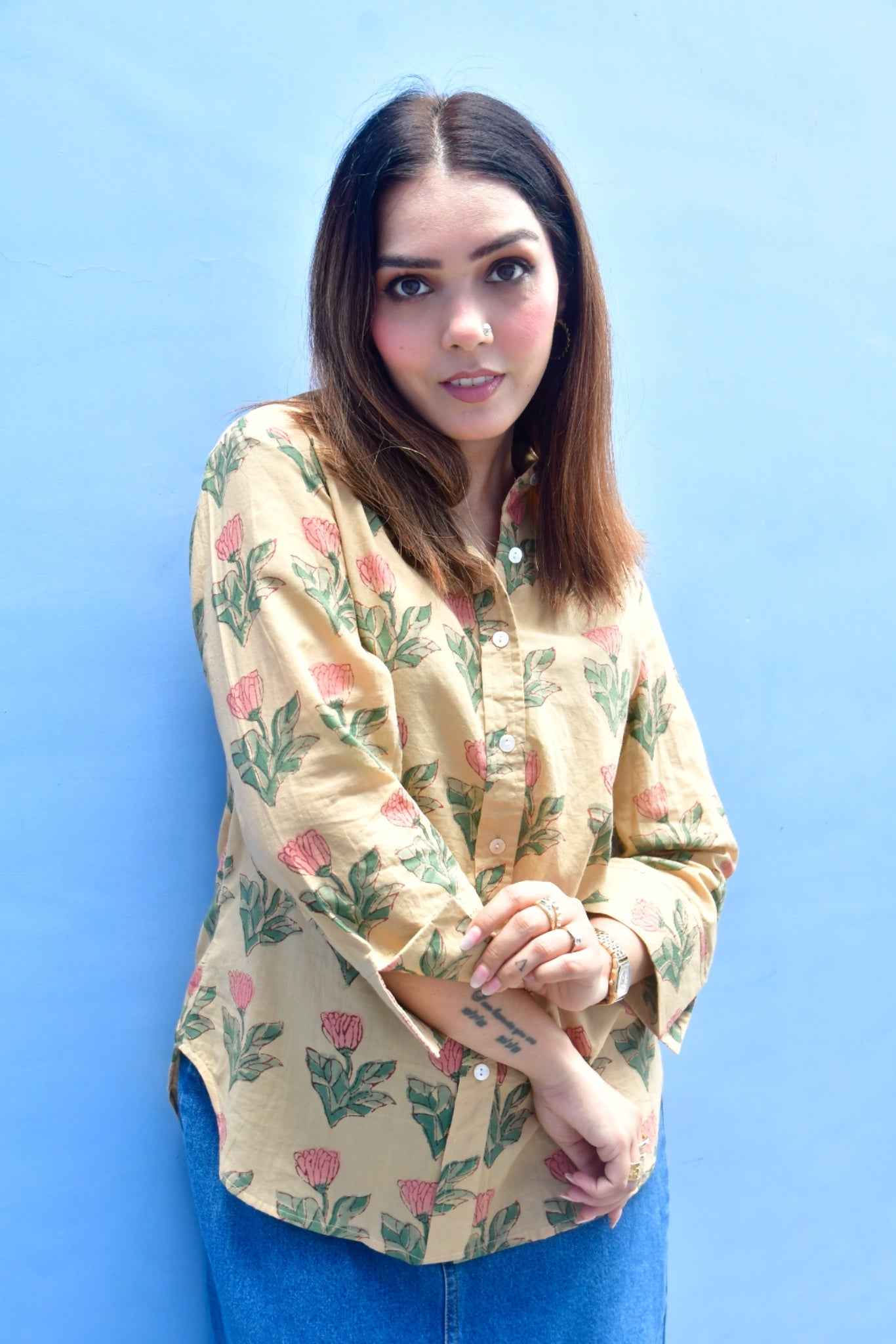 Desert Flower Cotton Shirt for Women | Hand-Block Print Casual Shirt