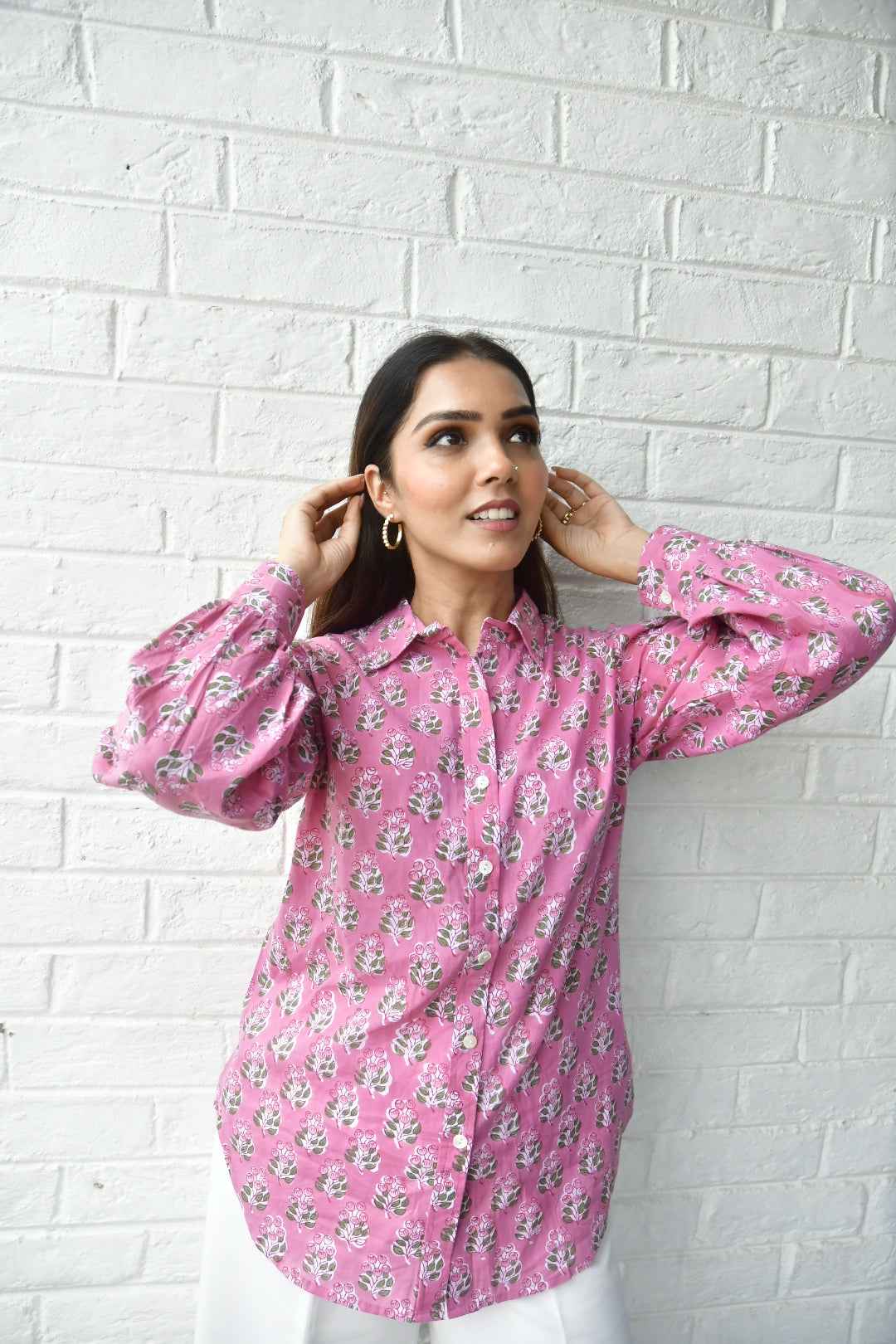 Tulip Pink Floral Buta Cotton Shirt