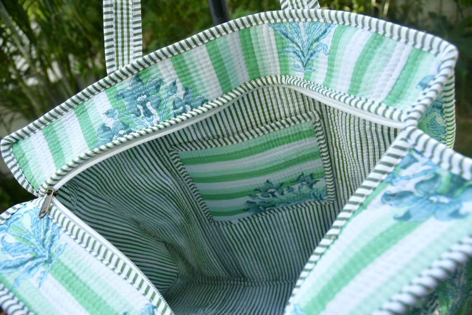 Green Flowers On Stripe Zipper Tote Bag: Hand-Blocked Beauty