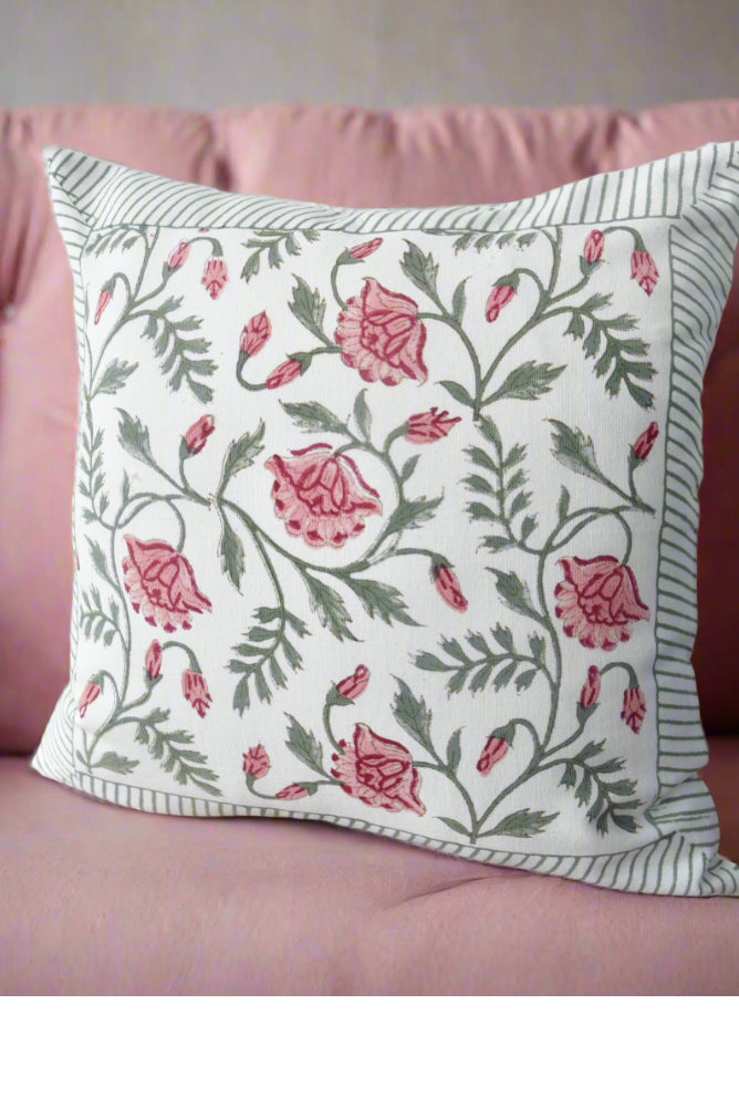 Pink & Green Floral Jaal Handblock Cushion Cover