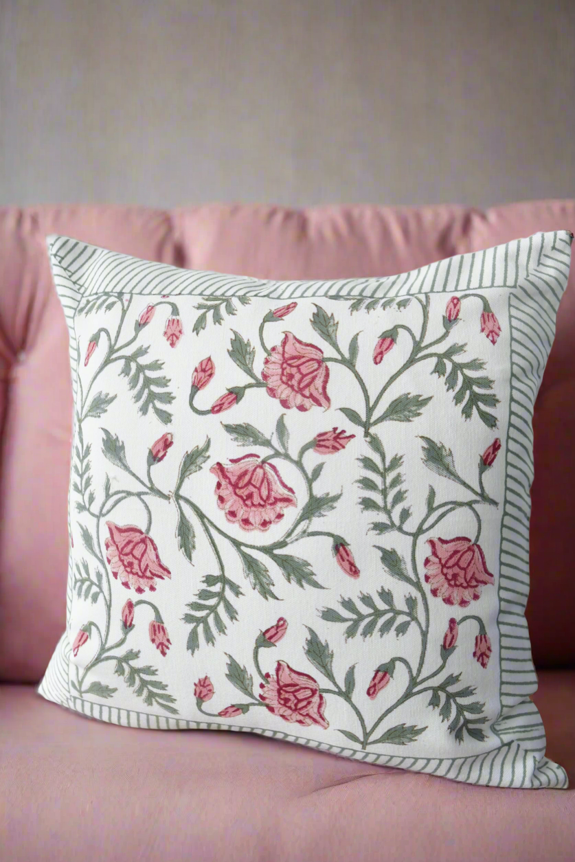 Pink & Green Floral Jaal Handblock Cushion Cover