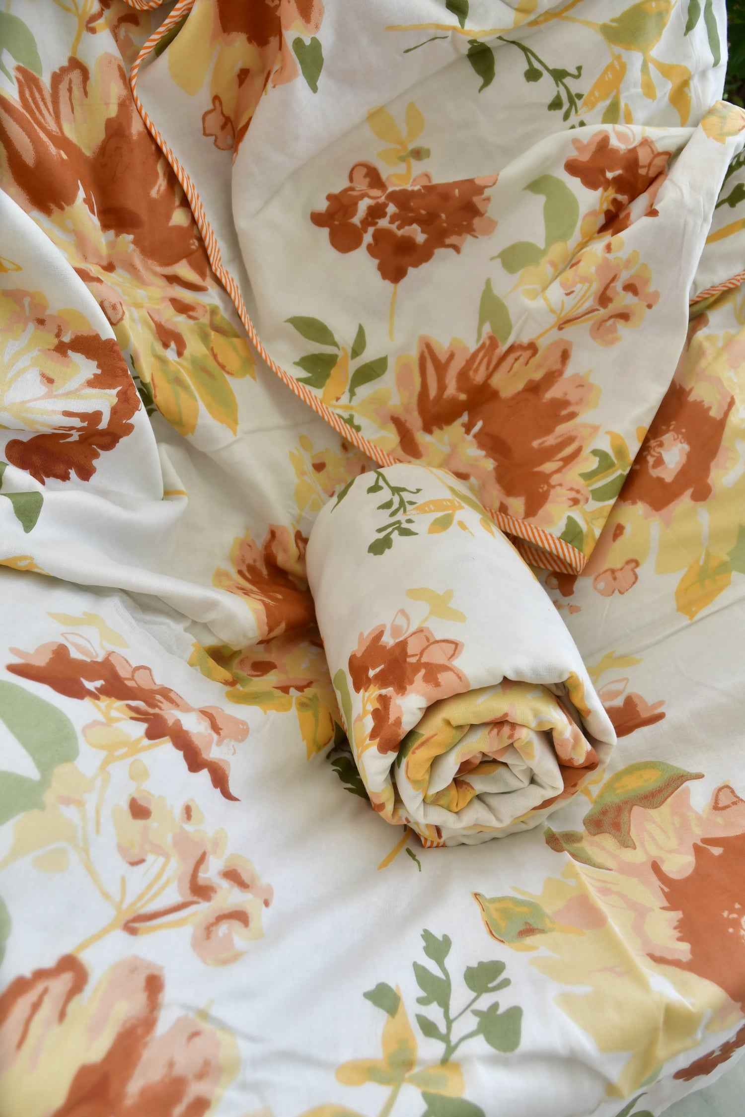 Rust and Yellow Floral Print Dohar | Hand-Blocked