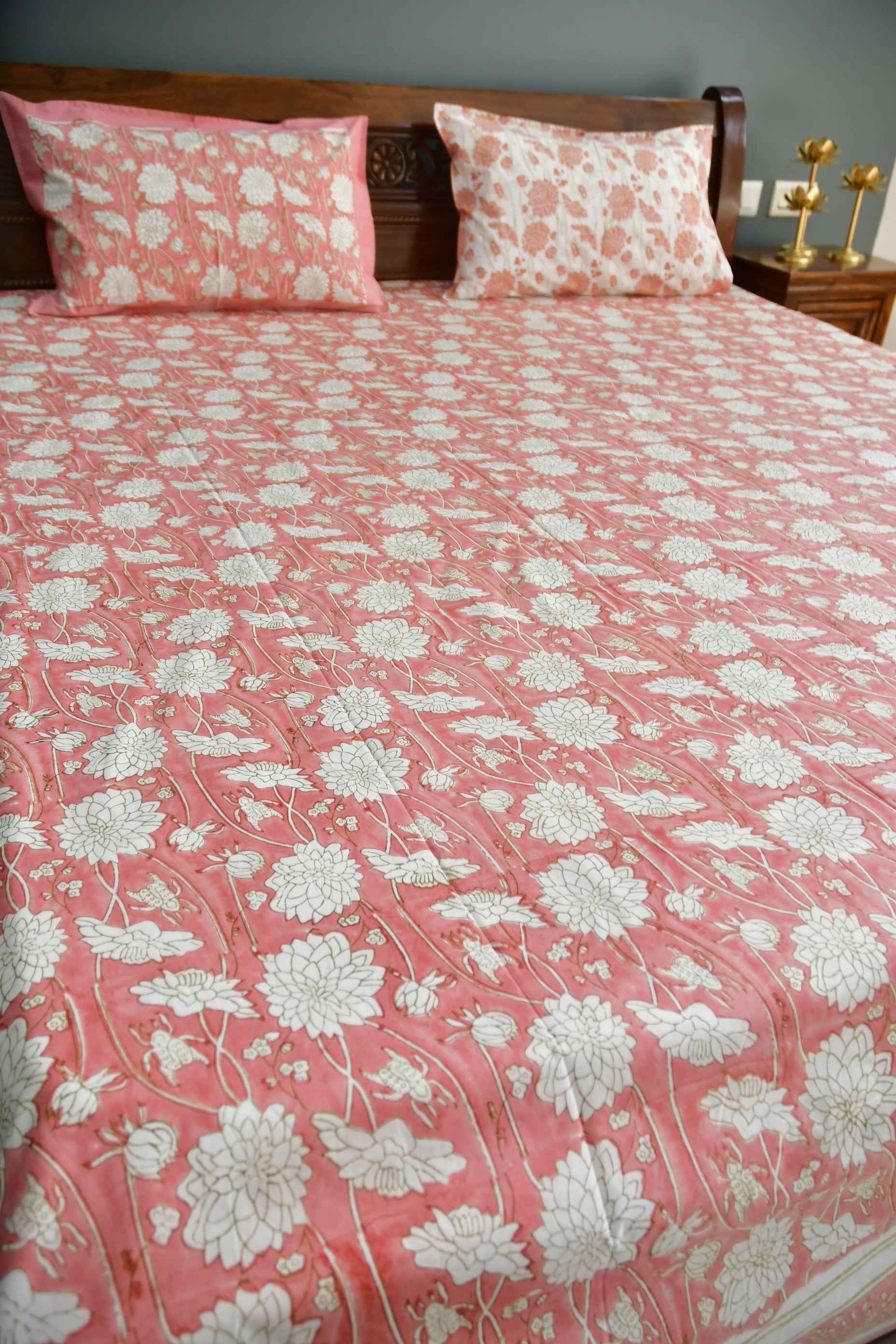 Pink floral Bedsheet : Jaipur Hand Block Bedsheet