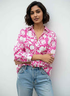 Long Sleeve Handblock Casual Shirt - Hot Pink White Floral Modal Cotton Printed Women’s Shirt