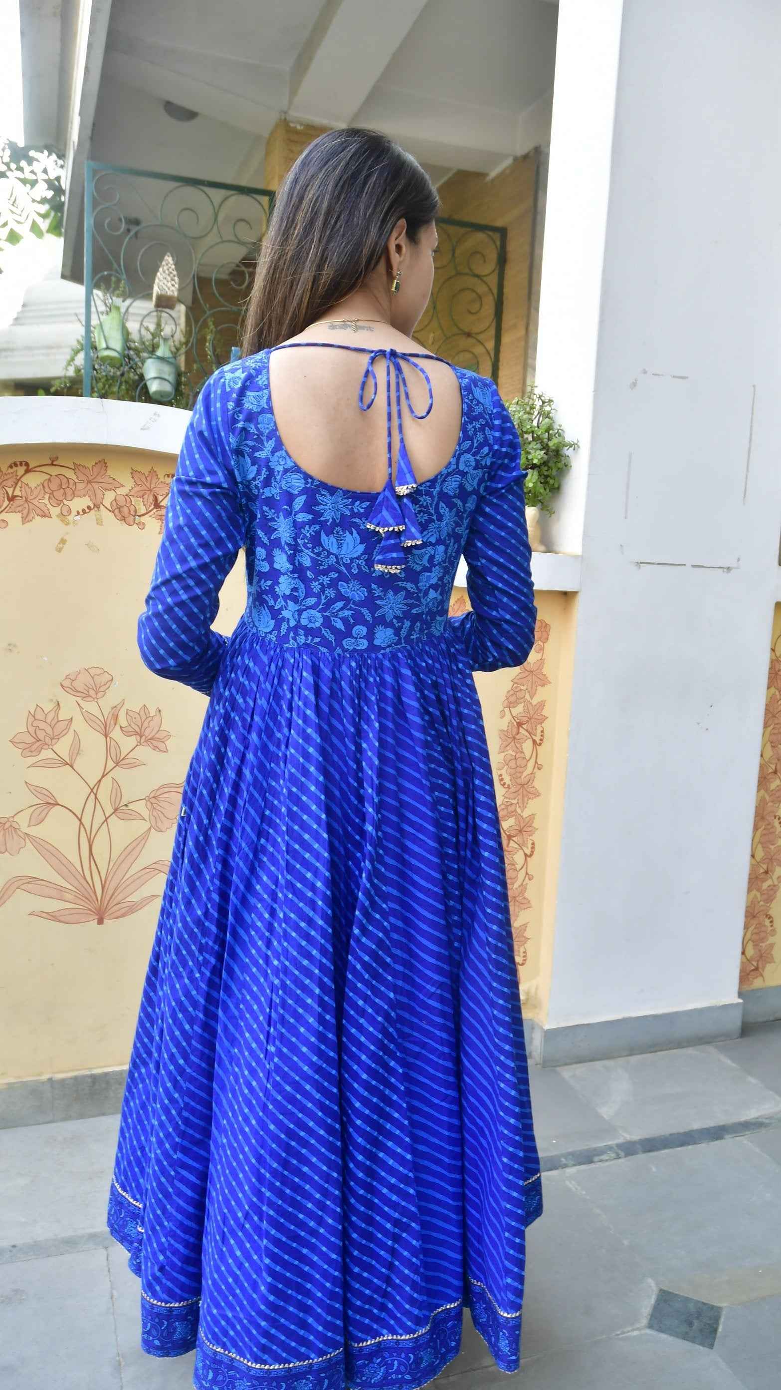 Royal Blue Lehariya Anarkali Handblock : Traditional