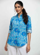 Long Sleeve Handblock Casual Shirt - Blue and White Floral Modal Cotton Printed Women’s Shirt