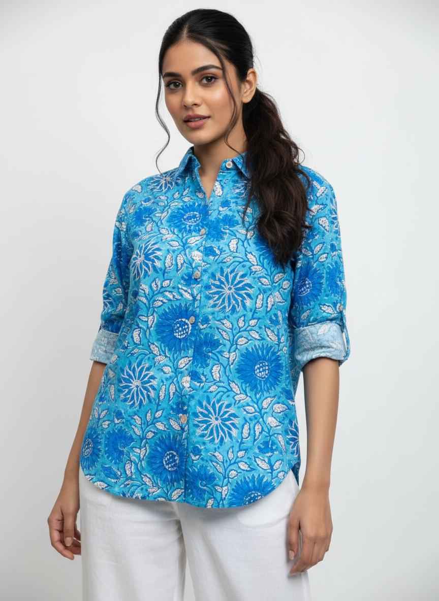 Long Sleeve Handblock Casual Shirt - Blue and White Floral Modal Cotton Printed Women’s Shirt