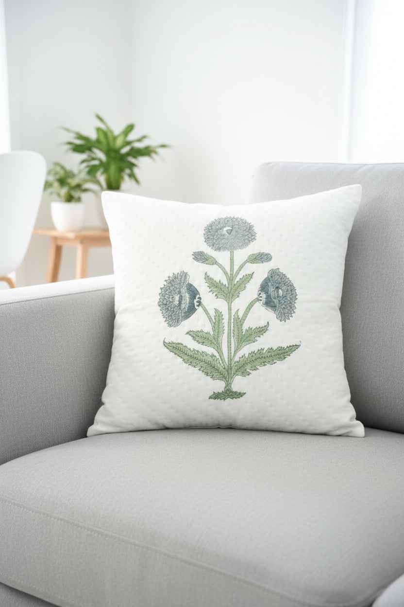 Blue Grey Poppy Cotton Cushion Cover – Hand Quilted, Designer Floral