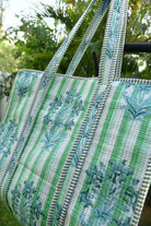 Green Flowers On Stripe Zipper Tote Bag: Hand-Blocked Beauty