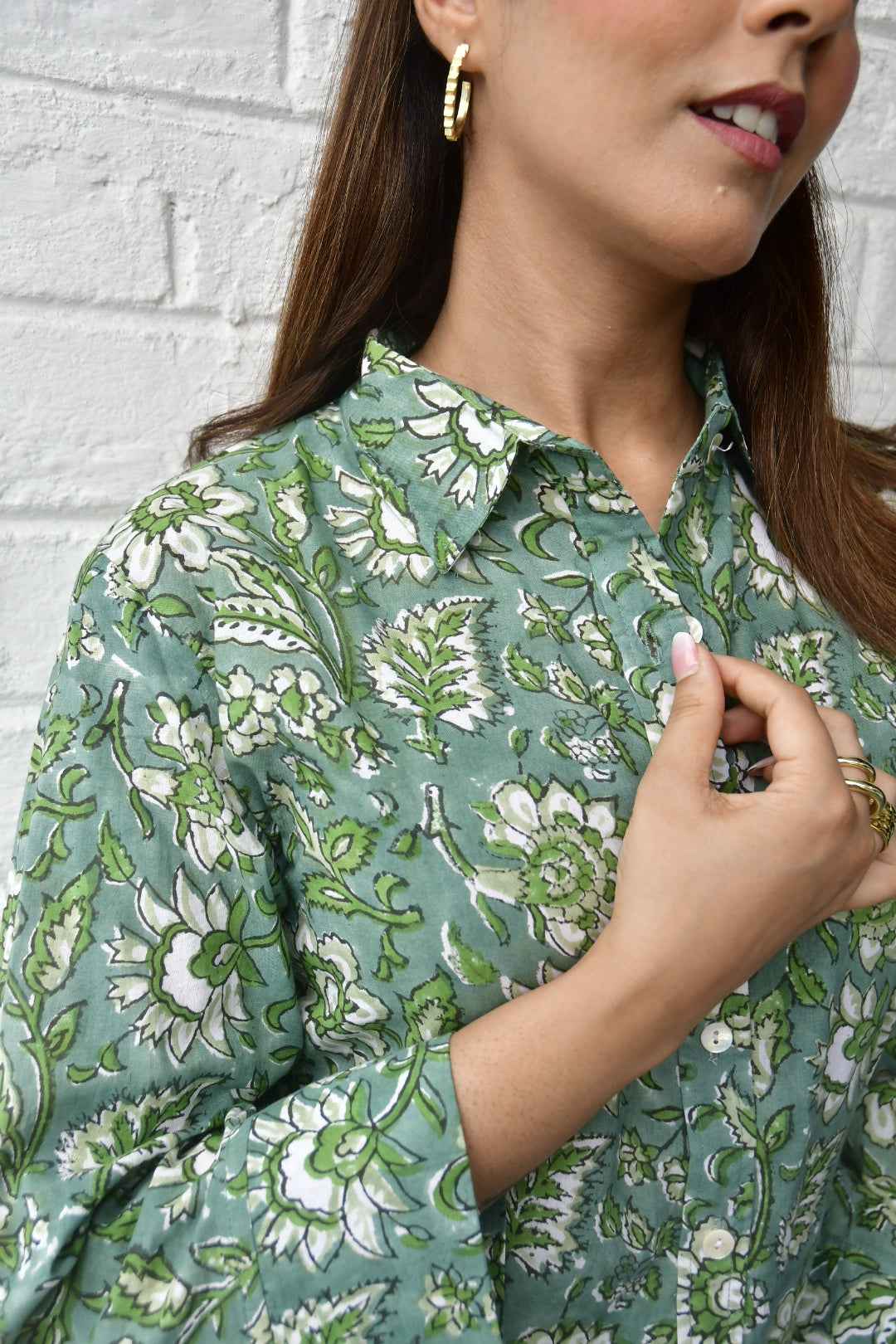 Forever Green and White Floral Cotton Shirt
