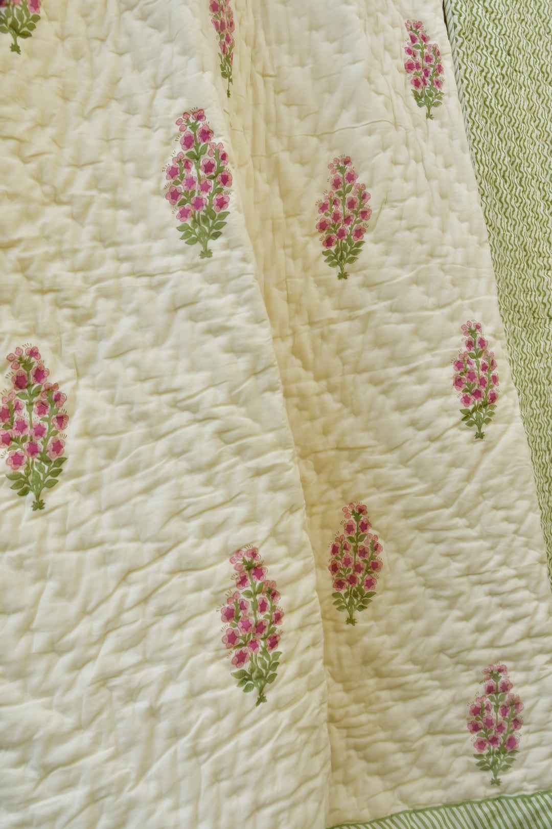 Butter Cream and Pink Buta Handblock Cotton Quilt