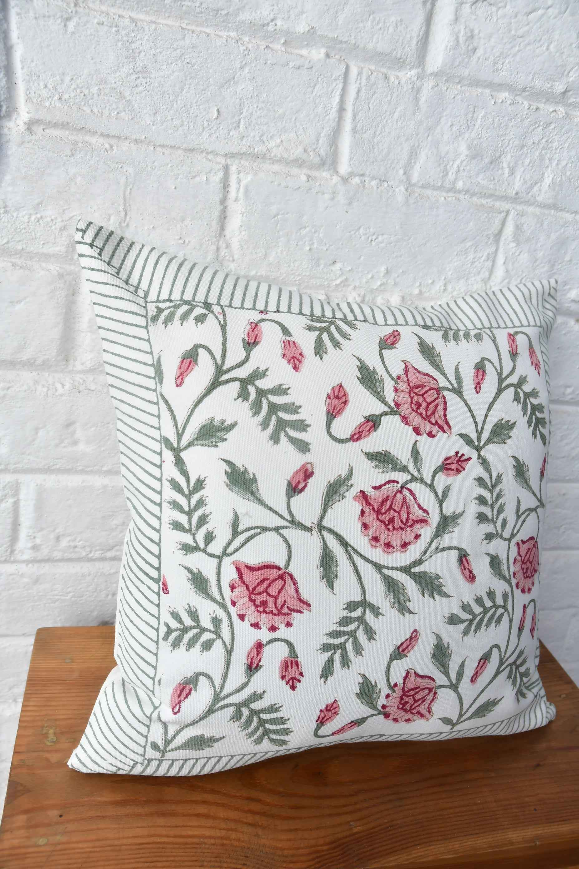 Pink & Green Floral Jaal Handblock Cushion Cover